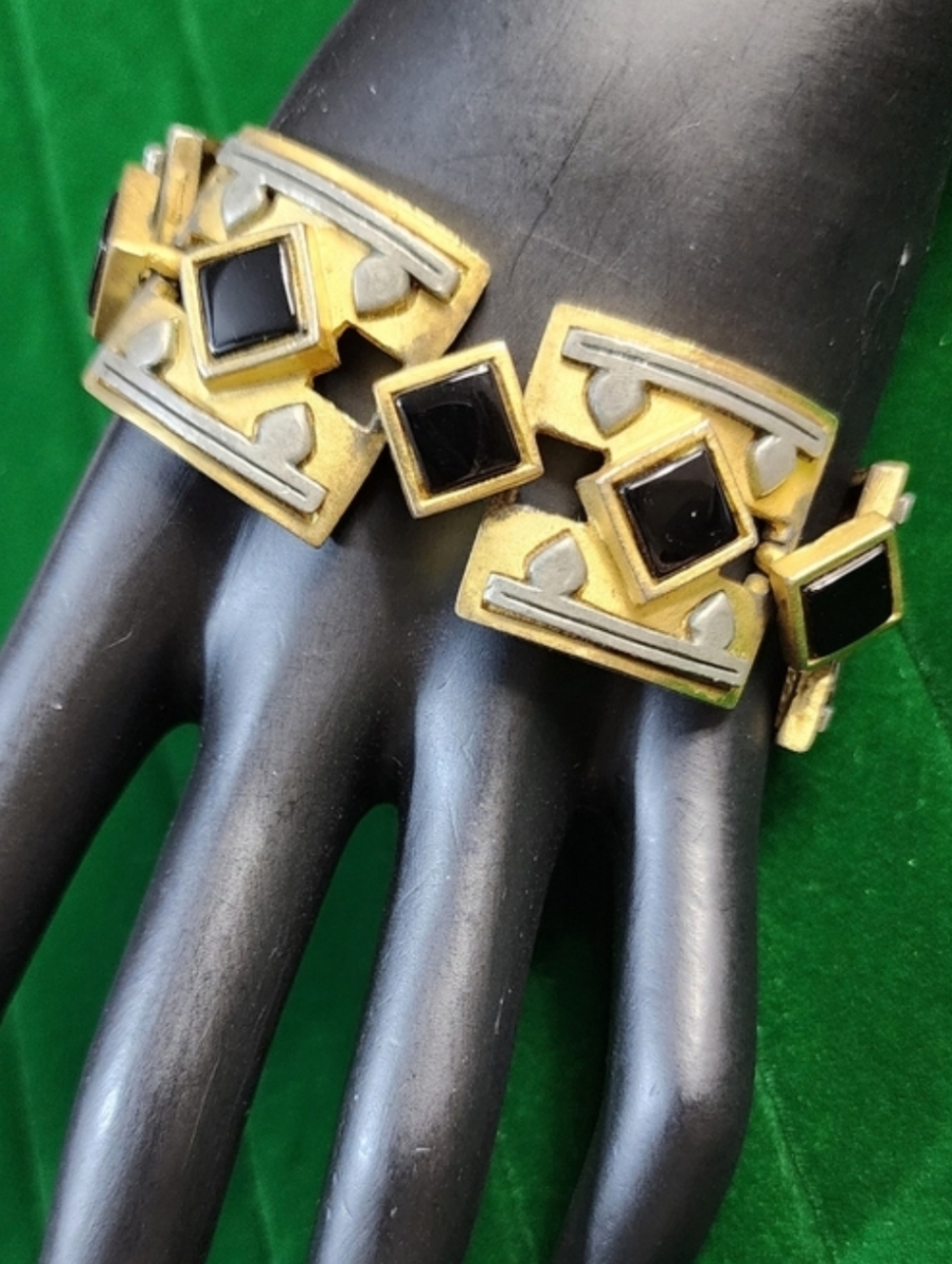 Vintage 1980s Roxanne Assoulin Geometric Link Bracelet Gold Tone Black Glass Art